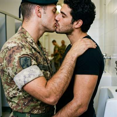 Bathroom kisses with a soldier—his camo uniform clinging to that tight ass, his mouth hot and demanding as he shoves his...