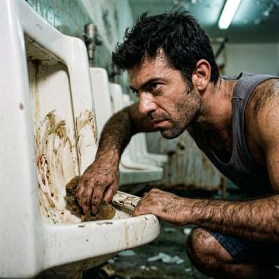 That filthy little slut slurps thick, warm shit straight from the public toilet bowl, gagging on the stink before swallowing...