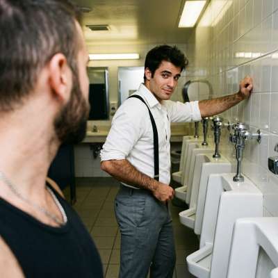 Pissed all over that tight ass in a filthy public toilet, his cock throbbing as I watched every drop drip down his thighs....