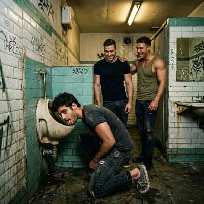 Watch those two hungry dicks throb as I tongue-fuck this filthy toilet bowl, licking every last drop of piss-stained...