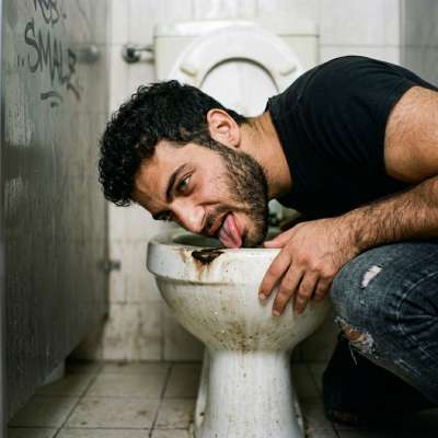 That filthy toilet's got me weak in the knees, watching this hungry boy lap up every last drop of that warm, stinky shit...