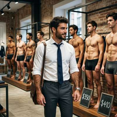 Rich old daddy walks into a boutique to pick his favorite slut, then fucks him raw in the fitting room while the salesman...