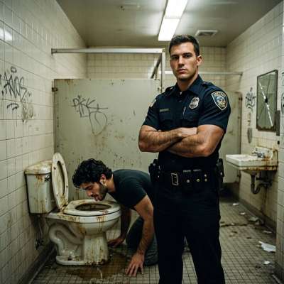That cop’s got a front-row seat as this hungry twink slurps the filthy bowl, rimmed with piss & grime. Watching that ass...