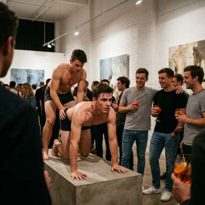Two dudes going full throttle in a public art show opening, ass to ass in the middle of the gallery like it’s their fucking...