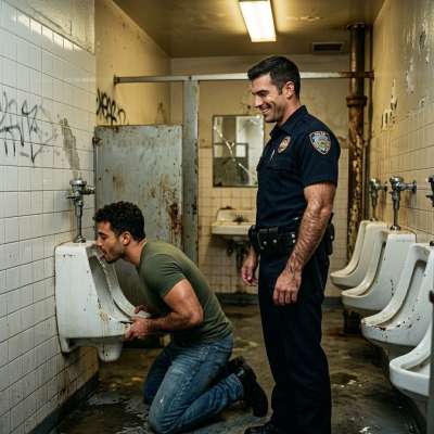 licking that filthy toilet like a hungry pup, ass dripping with shame while the cop watches, his dick twitching in his pants...