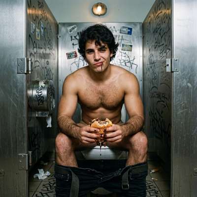 Sucking that greasy burger down while my ass drips on the public toilet seat—nothing like the filthy thrill of eating in a...