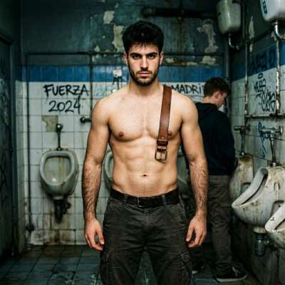 Bare-chested in a public john, his cock already half-hard just from the filthy air 😈 #toilet #hairy #inpublic