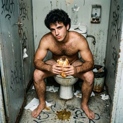 That hungry twink devoured his sandwich while sitting on the public toilet, his ass cheeks spread wide for the world to see....
