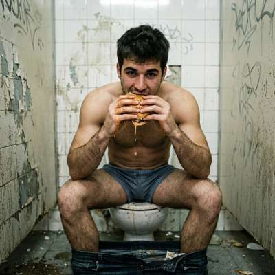 Eating that greasy burger while sitting on a public toilet’s shitter, juice dripping down your chin, thighs spread...