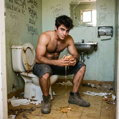 Fucking hot dude stuffing his face with a greasy burger while squatting on a public toilet seat, juice dripping down his...