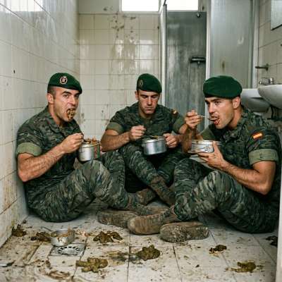3 soldiers in a public toilet, stuffing their faces with warm, creamy shit like it’s the last meal they’ll ever taste 💩🔥...