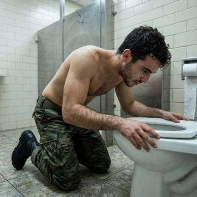 That filthy twink got his face buried in the toilet bowl, tongue out like a hungry pup, licking up every last drop of piss...