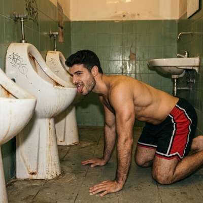 licking those filthy public urinals like a hungry pup, tongue swirling over the grimy porcelain, tasting every drop of stale...