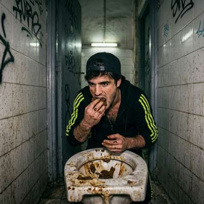 That filthy twink kneels at the public toilet, shoves his face in the bowl & greedily slurps up warm, tangy load of shit...
