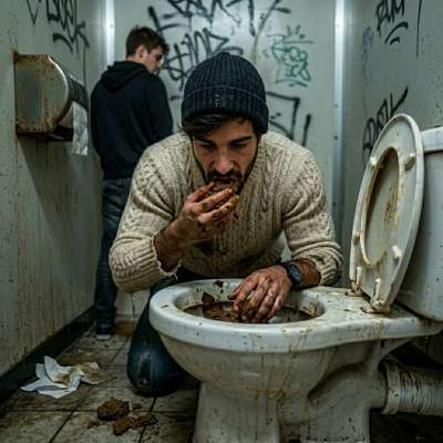 That twink’s got a mouth full of shit, swallowing every filthy drop from the public toilet bowl like it’s his fucking...