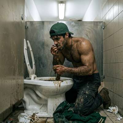 That filthy twink kneels in a filthy public toilet, shoves his face in the bowl & starts gobbling down warm, stinky shit...