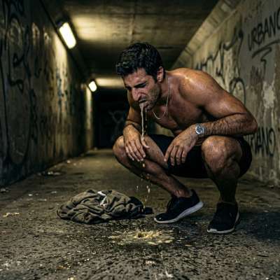 Vomiting in a subway tunnel, the bitter stench of bile mixing with sweat & cum stains on the walls. Watching his face twist...