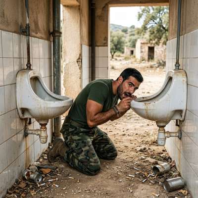 That tight military ass is on his knees, tongue out, slurping up every drop of cum from a stranger’s piss-dripping...