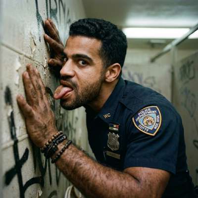 Cop dripping on the wall, tongue out, savoring every inch of grime like it’s the last fucking meal 😈💦 #dirtycops #street