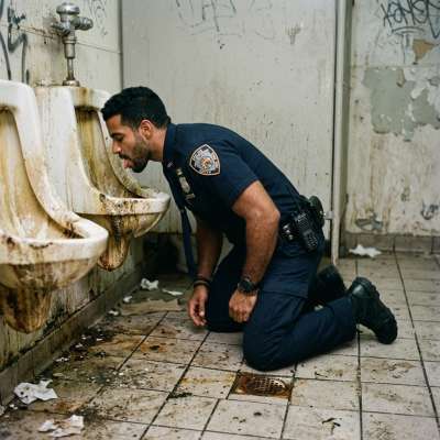 Cop dripping on the urinal, tongue out, eyes locked on that sticky cockhead like it’s the last drop of cum in the desert....