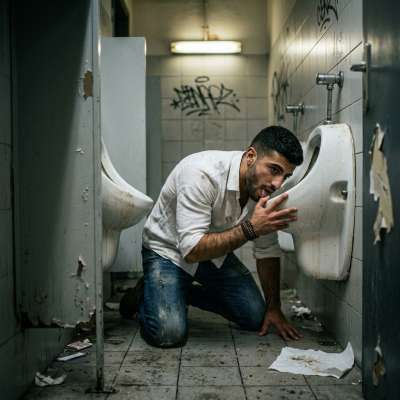 That filthy slut gets on his knees in the grimy public john, tongue out, lapping up the warm piss and grime from the urinal...