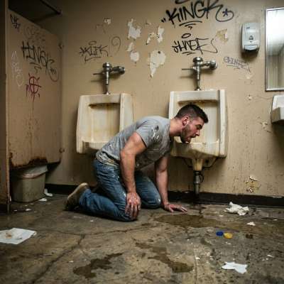 That filthy pervert slurps the piss-soaked urinal like it’s the sweetest nectar, groaning as he swirls his tongue around the...