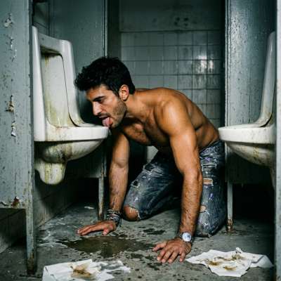 That filthy slut can’t resist the stink of a public trough—tongue out, slurping up every drop of stale piss and grime like...