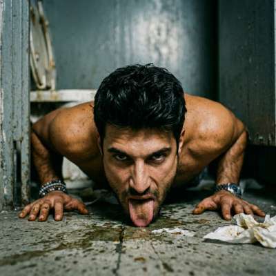 A depraved slut licks the filthy floor of a public bathroom, savoring every inch of grime & cum stains 😈🔥 #filth...