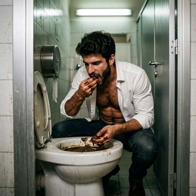 That filthy twink kneels on the filthy toilet seat, shoves his face in the bowl, and greedily slurps up fresh turds like...