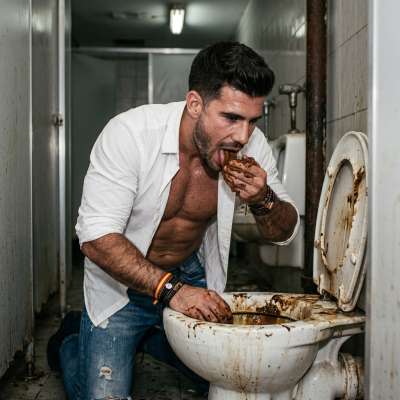 That filthy pig kneels at the public toilet bowl, tongue out, lapping up warm shit straight from the bowl like it’s his last...