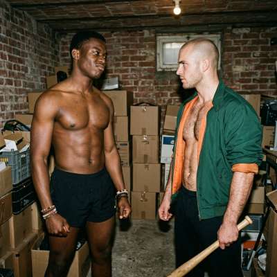 Black skinhead pins me down in the dark, his rough hands tearing my clothes off like it’s nothing. His cock’s already hard,...