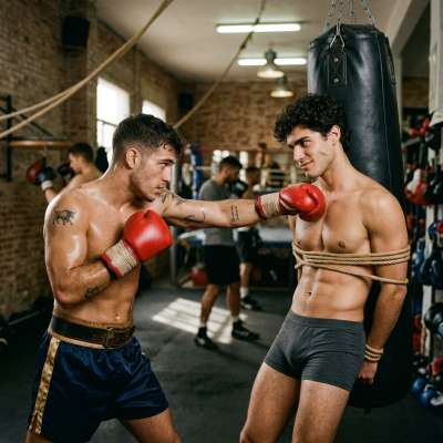 That muscular boxer ties you up to the heavy bag, your tight body trembling as he starts pounding you raw, every punch...
