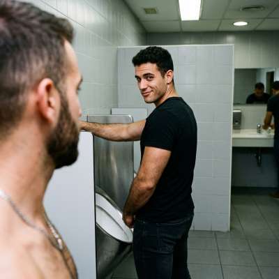Two dudes in the john, one’s got that filthy urge to piss all over the other’s tight ass. The way his cock throbs while he...