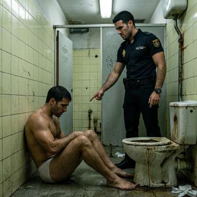 That cop’s got me trembling in my tighty-whities, forcing me to kneel like his personal slut in the public john 😈💦 #gayscat...