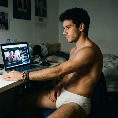 Stiffening his cock while jerking off to gay porn, he’s lost in filthy pleasure #perverts #dirtyoffice