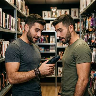Two hot twinks stare slack-jawed at a monster #dildo in the shop—imagine stuffing that thick slab down your throat till you...