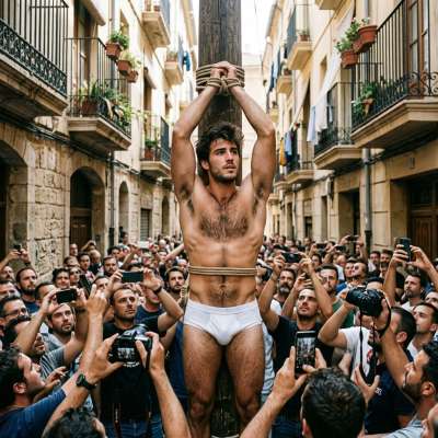 Bound in just his tighty-whities, this little slut’s spread-eagled on the sidewalk while the whole damn world snaps pics of...