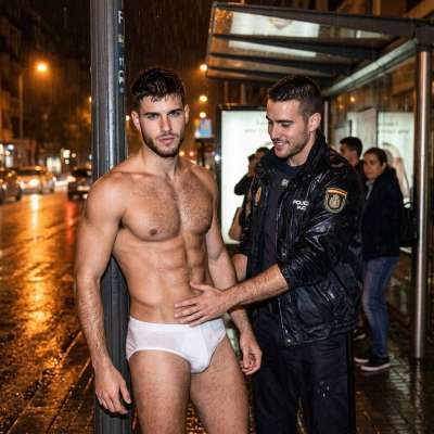 That cop’s hands were all over my bulge in my tighty-whities at the bus stop—felt like he was marking his territory 😈🔥...