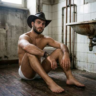 That cowboy hat-wearing cutie’s got me hard in this filthy toilet, legs spread wide like he’s begging for my cock to wreck...