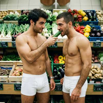 Two filthy queers finger a cucumber in the supermarket aisle, pretending it’s not a dick while their hands get sticky with...