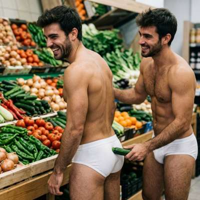 Two hungry queers stuffing a cucumber in the supermarket aisle 🥒🔥 #inpublic #underwear #dirtykitchen #hairy