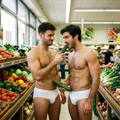 Two hungry queers grope cucumbers in the supermarket, squeezing them till they’re slick and swollen #inpublic
