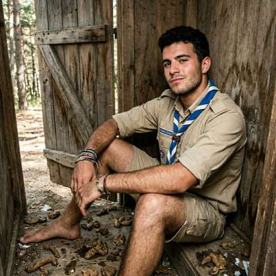 One scout squats in a latrine full of shit, fingers deep in his own ass, moaning like a slut who can’t get enough. #gayscat...