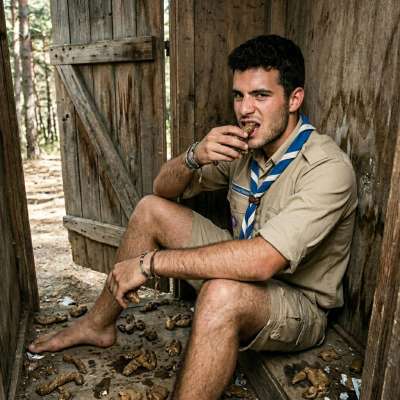 One filthy scout sits in the dirt, shoving that warm, musky into his mouth like a greedy little pig 🐷💩 #gayscat #dirtyscouts...