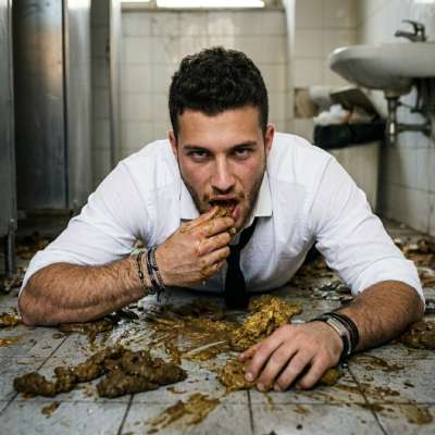 That suited-up twink is on his knees, tie dangling, gobbling shit straight off the bathroom floor like it’s the finest...