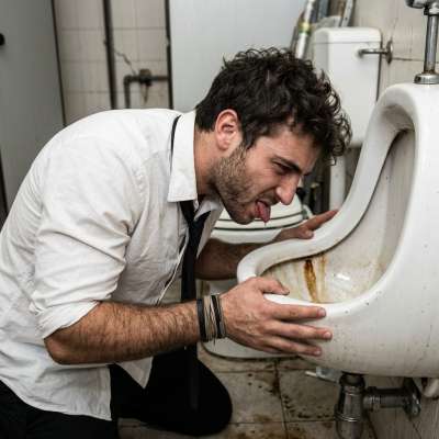 Dirty suit boy on his knees, tongue out, licking that filthy urinal like it’s his last meal. The stench of piss and grime...