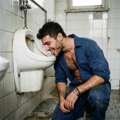 That filthy janitor slurps up the piss from the vespasiano, savoring every drop like it’s the sweetest nectar #workers...