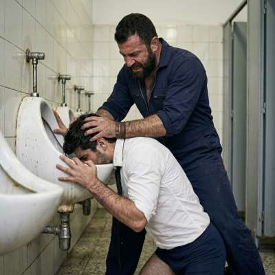 That crisp white shirt and tie? Fucking ruined by a janitor’s cock shoved up a piss drain while he’s face-fucked raw....