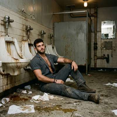 Inserviente eats shit on the filthy floor, licking up every last drop of cum from the tiles while getting his asshole...