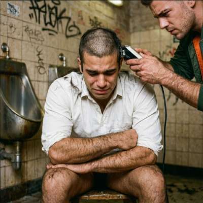 Sadistic skinhead shaves a boy bald in the toilets, forcing him to kneel and beg while his scalp tingles with humiliation...